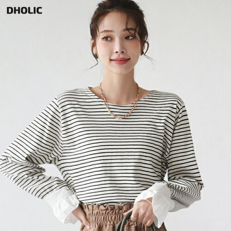 【新作10%OFF】フリルスリーブボーダーTシャツ・全2色・t64116 レディース【tops】【韓国 ファッション トップス 