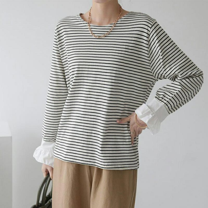 【新作10%OFF】フリルスリーブボーダーTシャツ・全2色・t64116 レディース【tops】【韓国 ファッション トップス 