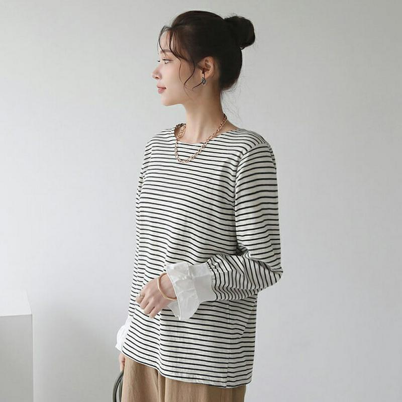 【新作10%OFF】フリルスリーブボーダーTシャツ・全2色・t64116 レディース【tops】【韓国 ファッション トップス 