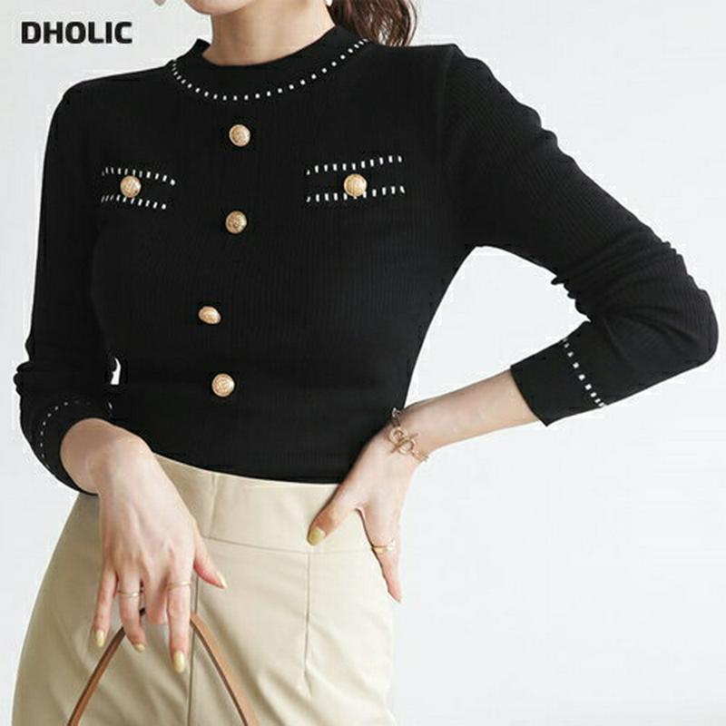 【只今10%OFF】ゴールドボタンリブニット・全2色・b64113 レディース【tops】【韓国 ファッション トップス ニット ニットトップス ロングスリーブ 長袖 リブ ステッチ ゴールド ボタン ラウンドネック シンプル スリム 上品 大人 フェミニン 秋】【ハイホリHIHOLLI】