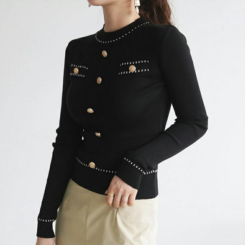 【只今10%OFF】ゴールドボタンリブニット・全2色・b64113 レディース【tops】【韓国 ファッション トップス ニット ニットトップス ロングスリーブ 長袖 リブ ステッチ ゴールド ボタン ラウンドネック シンプル スリム 上品 大人 フェミニン 秋】【ハイホリHIHOLLI】