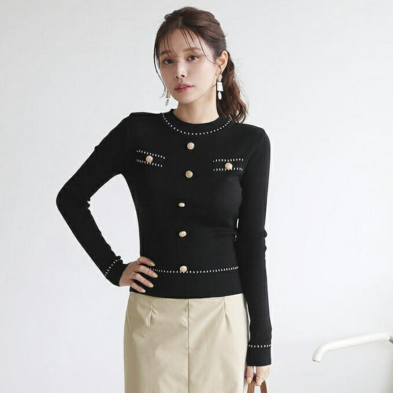 【只今10%OFF】ゴールドボタンリブニット・全2色・b64113 レディース【tops】【韓国 ファッション トップス ニット ニットトップス ロングスリーブ 長袖 リブ ステッチ ゴールド ボタン ラウンドネック シンプル スリム 上品 大人 フェミニン 秋】【ハイホリHIHOLLI】