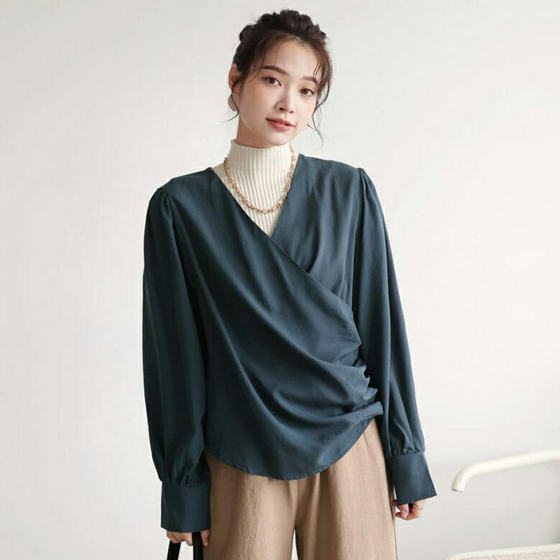【新作10%OFF】タックカシュクールブラウス・全2色・b64112 レディース【bl】【韓国 ファッション トップス ブラウス