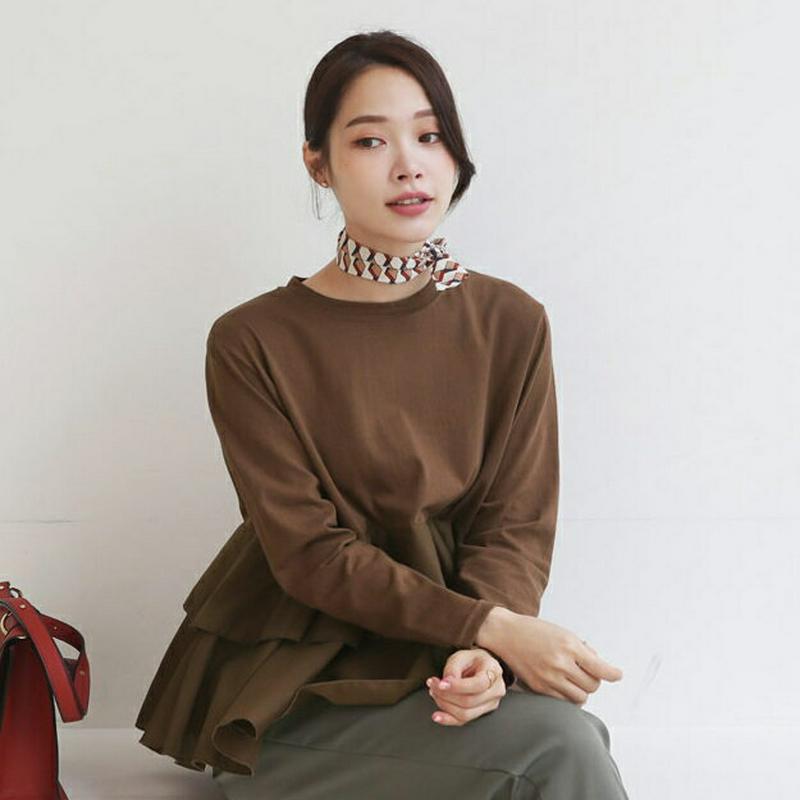 ラウンドティアードTシャツ・全3色・b64036 レディース【tops】【トップス Tシャツ 長袖 ティアード 単色 無地 シンプル フェミニン 春 秋 韓国 ファッション】【ハイホリHIHOLLI】