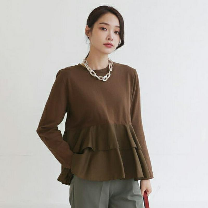 ラウンドティアードTシャツ・全3色・b64036 レディース【tops】【トップス Tシャツ 長袖 ティアード 単色 無地 シンプル フェミニン 春 秋 韓国 ファッション】【ハイホリHIHOLLI】