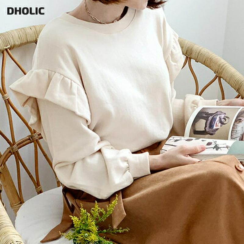 ≪人気商品再入荷≫ ショルダーフリルスウェット・全3色・b48036 レディース【tops】 韓国ファッション トップス スウェット 長袖 ラウンドネック ショルダー フリル 綿 コットン カジュアル ラフ ガーリー かわいい 秋 冬 sw