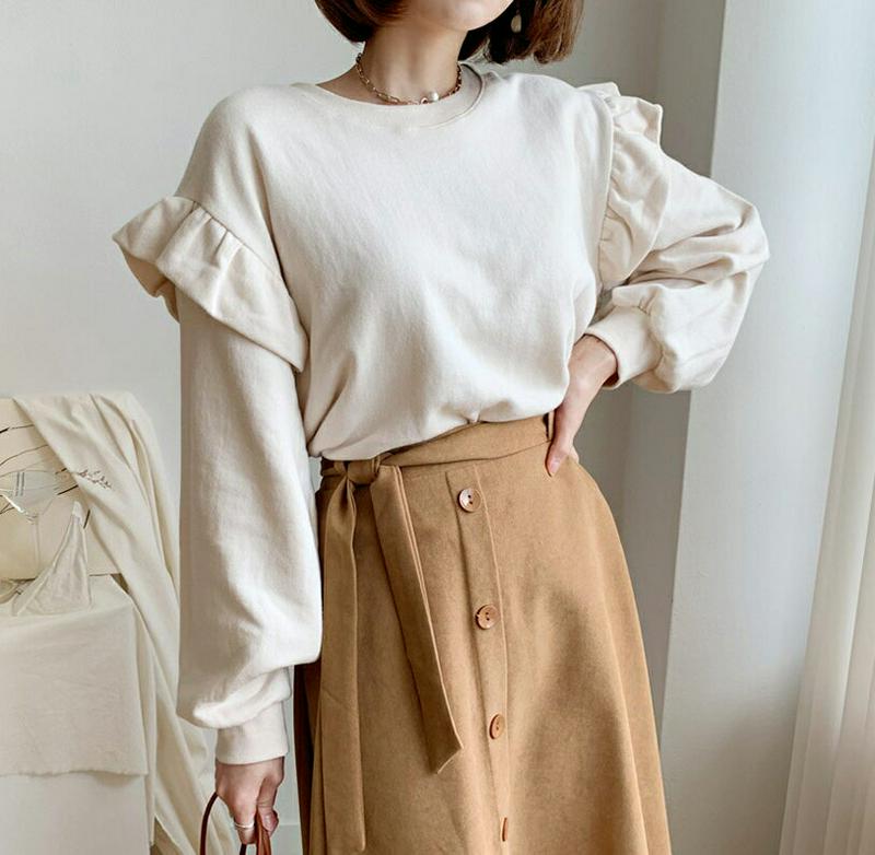 ≪人気商品再入荷≫ ショルダーフリルスウェット・全3色・b48036 レディース【tops】 韓国ファッション トップス スウェット 長袖 ラウンドネック ショルダー フリル 綿 コットン カジュアル ラフ ガーリー かわいい 秋 冬 sw