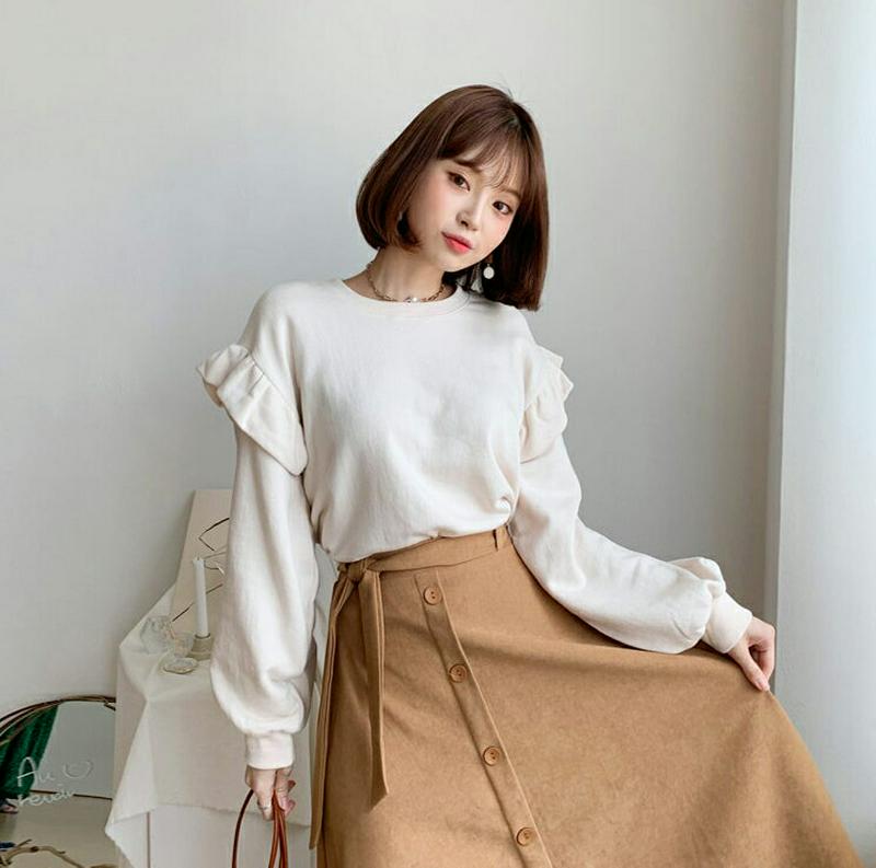 ≪人気商品再入荷≫ ショルダーフリルスウェット・全3色・b48036 レディース【tops】 韓国ファッション トップス スウェット 長袖 ラウンドネック ショルダー フリル 綿 コットン カジュアル ラフ ガーリー かわいい 秋 冬 sw