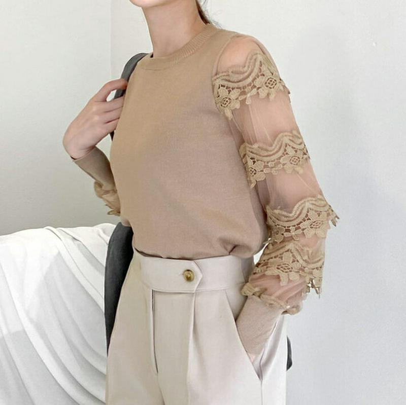 シアーレーススリーブニット・全3色・b60823 レディース【tops】【韓国 ファッション トップス ニット ニットトップス ロングスリーブ 長袖 ラウンドネック シアー 透け感 シースルー レース レーススリーブ リブ 大人 フェミニン 春 秋】