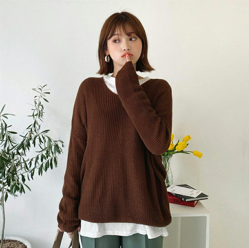 ルーズVネックニット・全5色・t60825 レディース【tops】【韓国 ファッション トップス ニット ニットトップス ロング