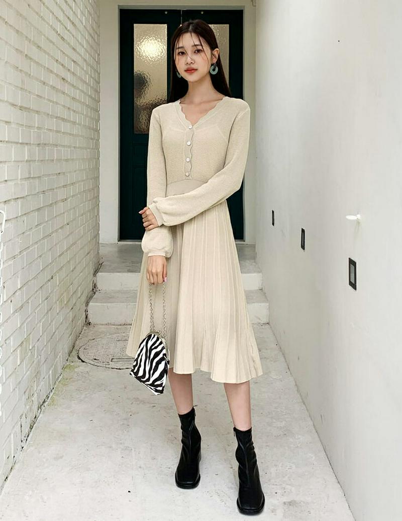 パールボタンニットワンピース全2色・b60855 レディース【ops】【韓国 ファッション ワンピース ロングワンピース ニット