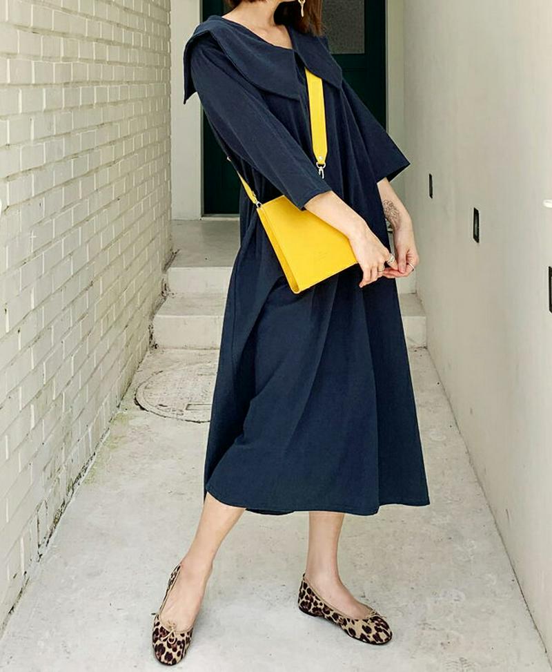 ビッグカラーワンピース・全4色・b60830 レディース【ops】【韓国 ファッション ワンピース ロングワンピース 七分丈 七