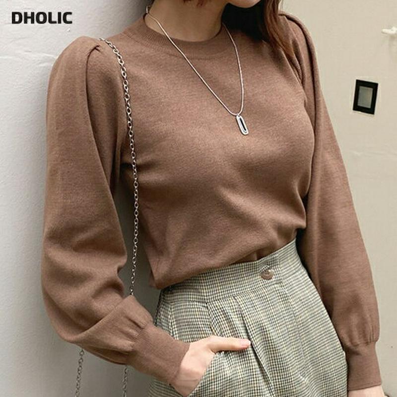 【只今10%OFF】ショルダータックニット・全5色・t60824 レディース【tops】【韓国 ファッション トップス ニット ニットトップス 長袖 パフスリーブ ラウンドネック ショルダー タック リブ シンプル 単色 無地 カジュアル 秋】