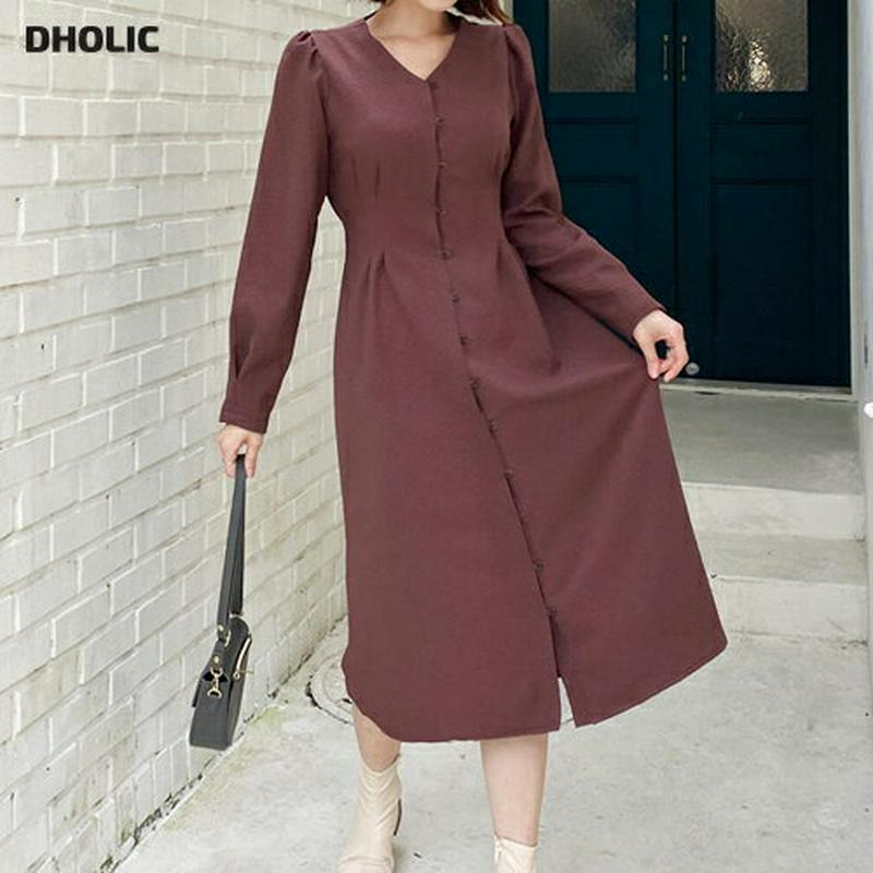 ボタンVネックワンピース・全3色・t60854 レディース【ops】【韓国 ファッション ワンピース ロングワンピース 長袖 パ