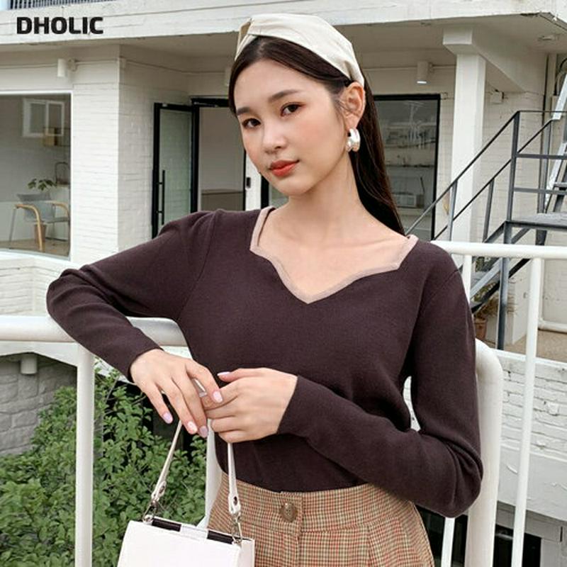 配色ネックニット・全3色・b60822 レディース【tops】【韓国 ファッション トップス ニット ニットトップス 長袖 ロン