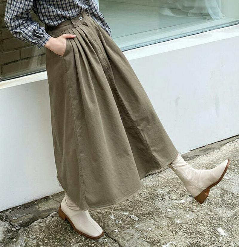 タックコットンスカート・全3色・t60857 レディース【sk】【韓国 ファッション ボトムス スカート ロング丈 ロングスカー