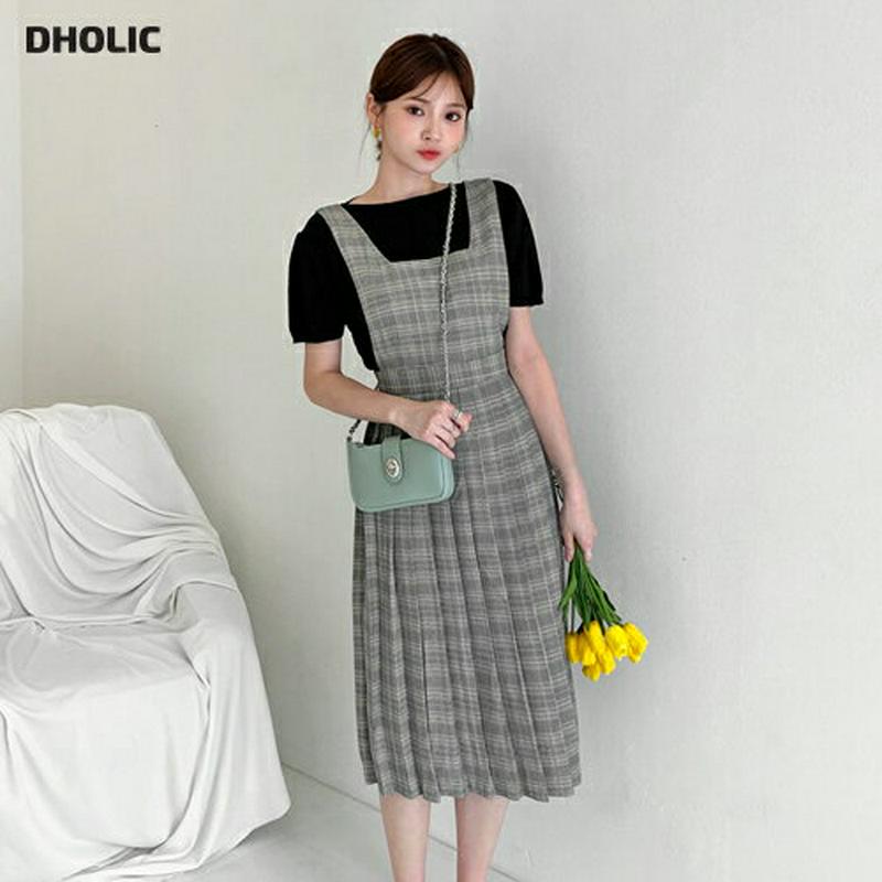 ≪人気商品再入荷≫チェックノースリーブワンピース・全2色・b60828 レディース【ops】 韓国ファッション ワンピース ロングワンピース プリーツ プリーツワンピース ノースリーブ ノースリーブ チェック柄 グレンチェック スクエアネック ガーリー かわいい 秋