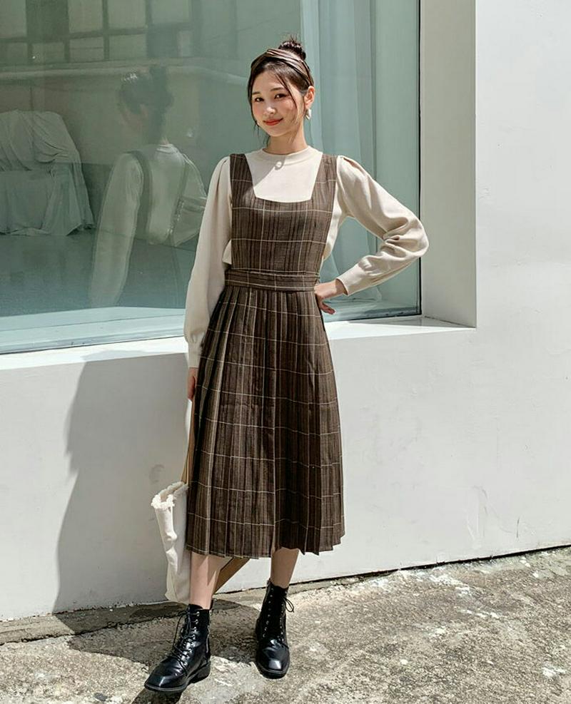 ≪人気商品再入荷≫チェックノースリーブワンピース・全2色・b60828 レディース【ops】 韓国ファッション ワンピース ロングワンピース プリーツ プリーツワンピース ノースリーブ ノースリーブ チェック柄 グレンチェック スクエアネック ガーリー かわいい 秋