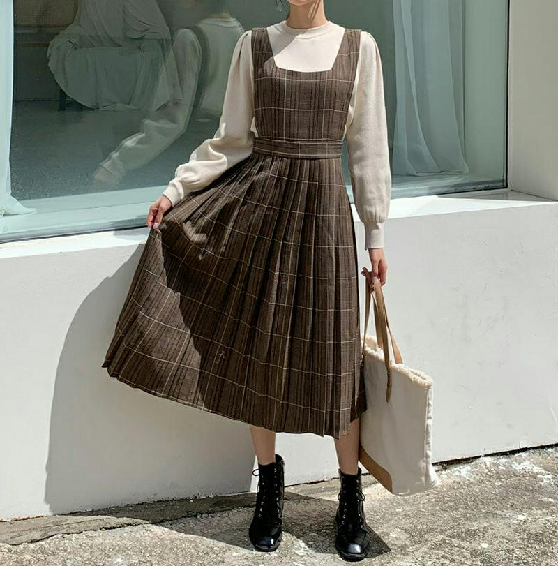 ≪人気商品再入荷≫チェックノースリーブワンピース・全2色・b60828 レディース【ops】 韓国ファッション ワンピース ロングワンピース プリーツ プリーツワンピース ノースリーブ ノースリーブ チェック柄 グレンチェック スクエアネック ガーリー かわいい 秋