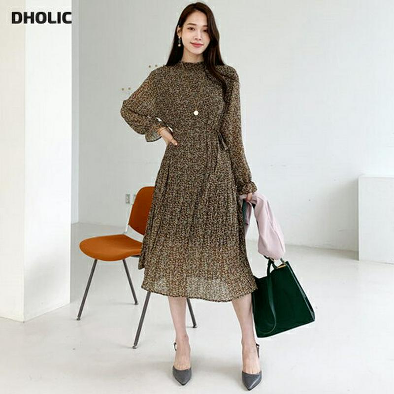 ストラップ付プリーツ小花柄ワンピース・全2色・t64030 レディース【ops】【ワンピース ミディ丈 ミディワンピース 長袖 