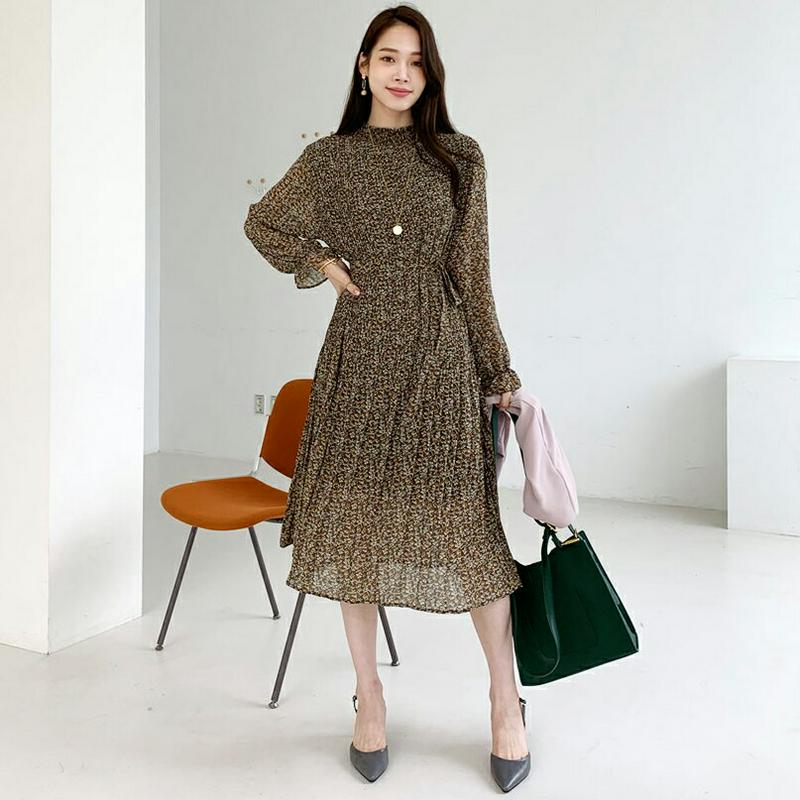 ストラップ付プリーツ小花柄ワンピース・全2色・t64030 レディース【ops】【ワンピース ミディ丈 ミディワンピース 長袖 