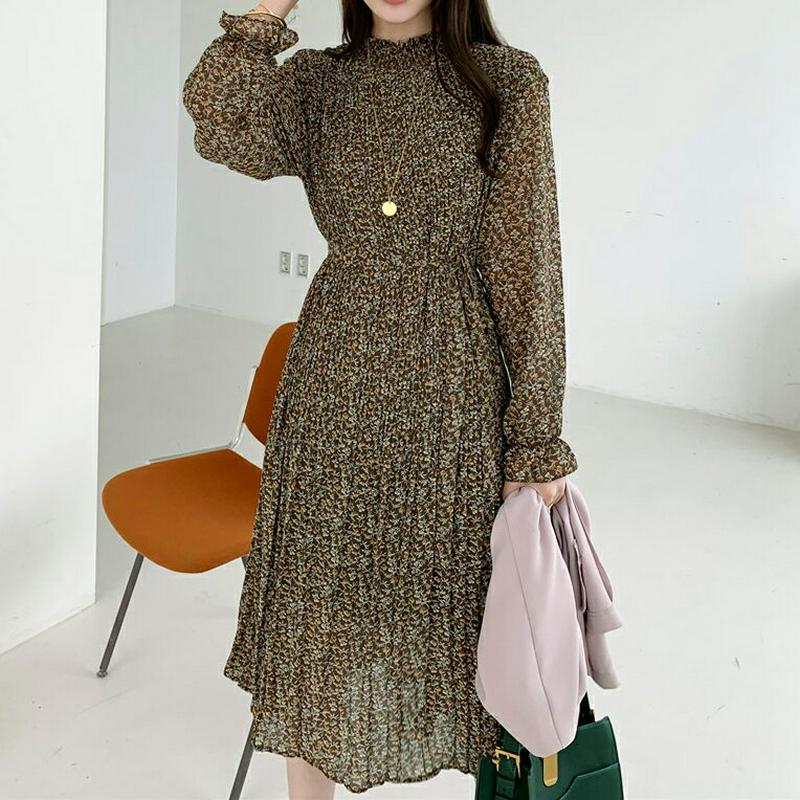 ストラップ付プリーツ小花柄ワンピース・全2色・t64030 レディース【ops】【ワンピース ミディ丈 ミディワンピース 長袖 