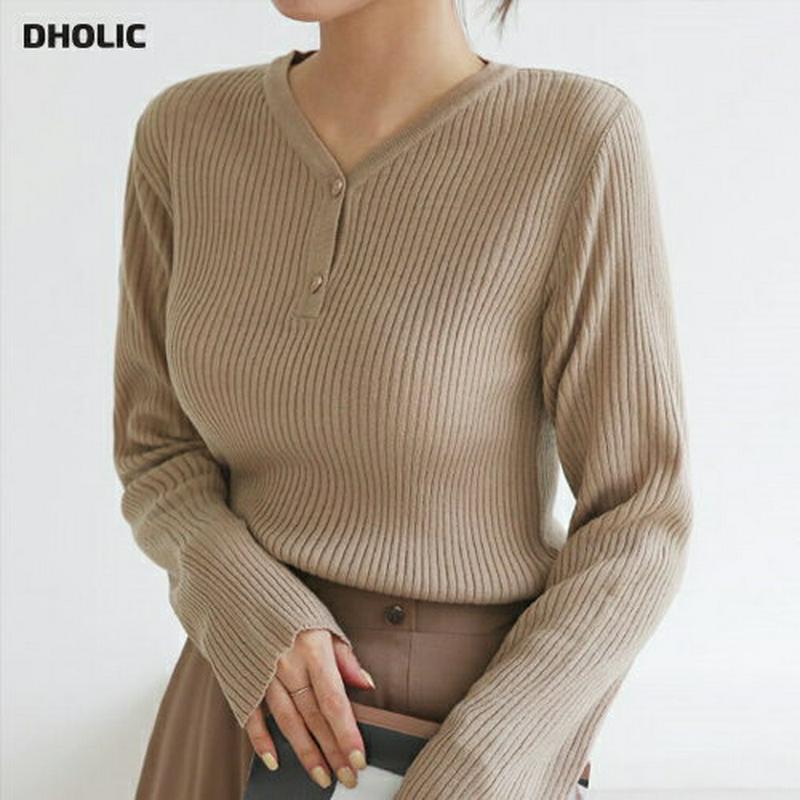 Vネックリブボタンニット・全4色・b64021 レディース【tops】【トップス ニット ニットトップス リブニット リブ リブ