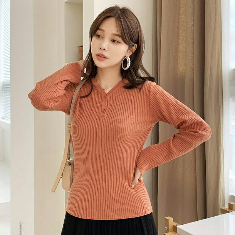 Vネックリブボタンニット・全4色・b64021 レディース【tops】【トップス ニット ニットトップス リブニット リブ リブ
