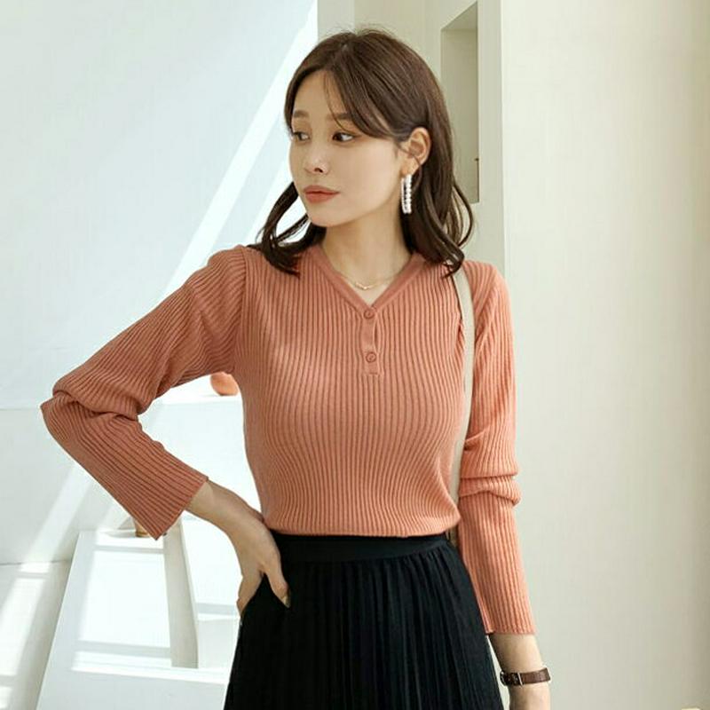 Vネックリブボタンニット・全4色・b64021 レディース【tops】【トップス ニット ニットトップス リブニット リブ リブ