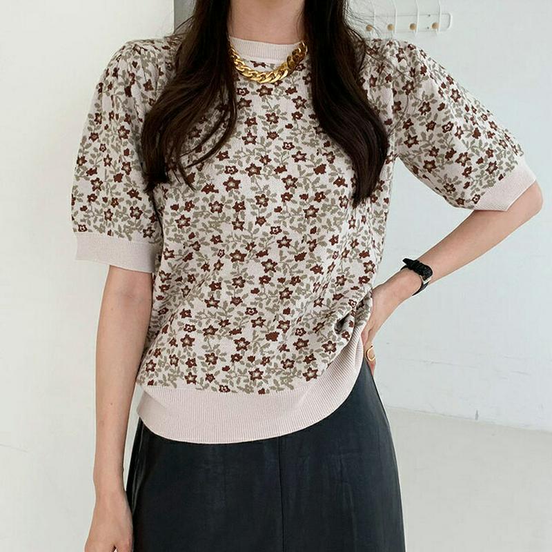 フラワーニット・全4色・64013 レディース【tops】【トップス ニット ニットトップス 半袖 ハーフスリーブ 花柄 フラワ