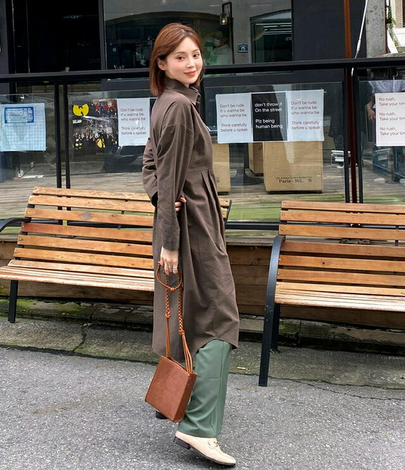 タックシャツワンピース・全3色・e60810 レディース【ops】 韓国ファッション ワンピース ロングワンピース シャツ シャツワンピース タック 綿 コットン シンプル 体型カバー カジュアル ラフ 単色 無地 春 秋