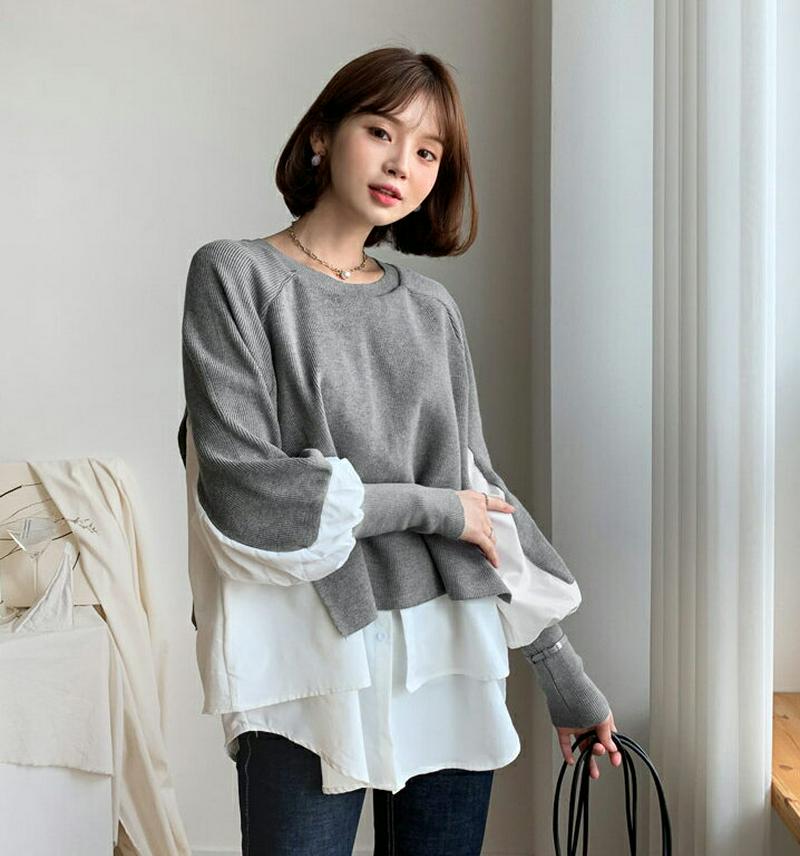 【新作10%OFF】シャツレイヤードニット・全2色・b48044 レディース【tops】【韓国 ファッション トップス ニット 