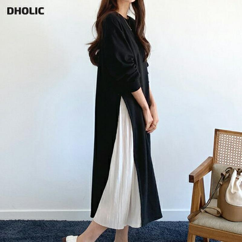 【送料無料】≪人気商品再入荷≫プリーツ配色スウェットワンピース・全3色・b48047 レディース【ops】韓国ファッション ワンピース ロング 長袖 ワンマイル ラウンドネック バズ スウェット プリーツ バイカラー ゆったり 骨格ナチュラル 春 秋