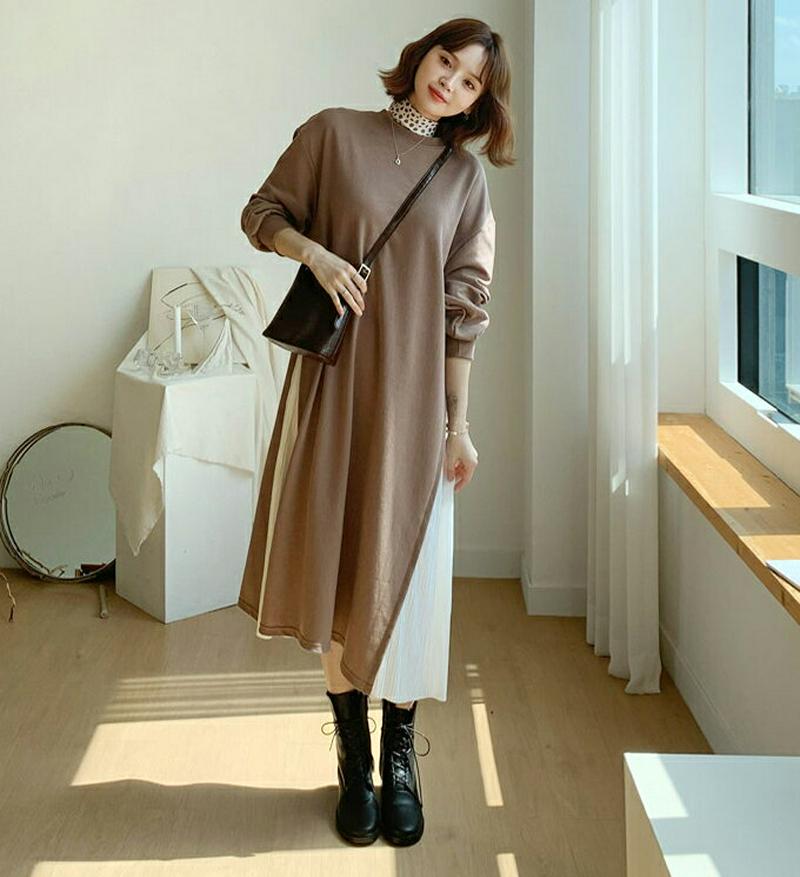 【送料無料】≪人気商品再入荷≫プリーツ配色スウェットワンピース・全3色・b48047 レディース【ops】韓国ファッション ワンピース ロング 長袖 ワンマイル ラウンドネック バズ スウェット プリーツ バイカラー ゆったり 骨格ナチュラル 春 秋