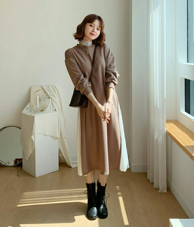 【送料無料】≪人気商品再入荷≫プリーツ配色スウェットワンピース・全3色・b48047 レディース【ops】韓国ファッション ワンピース ロング 長袖 ワンマイル ラウンドネック バズ スウェット プリーツ バイカラー ゆったり 骨格ナチュラル 春 秋