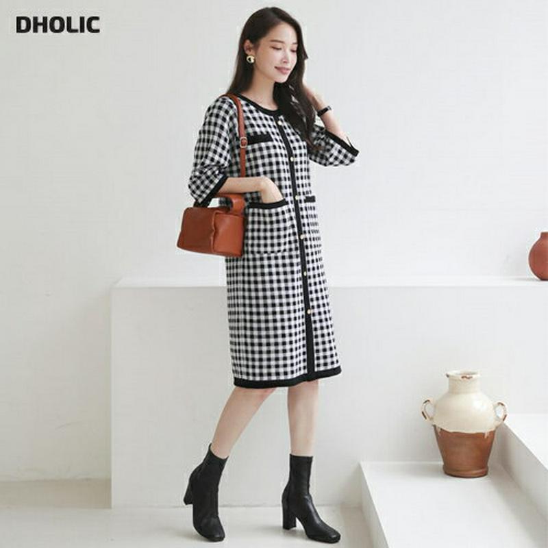 【新作10%OFF】ボタンチェックニットワンピース・全2色・t64033 レディース【ops】【ワンピース ミディ丈 ミディワン