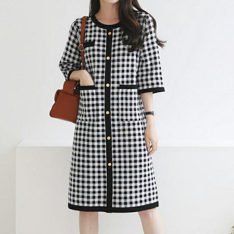 【新作10%OFF】ボタンチェックニットワンピース・全2色・t64033 レディース【ops】【ワンピース ミディ丈 ミディワン