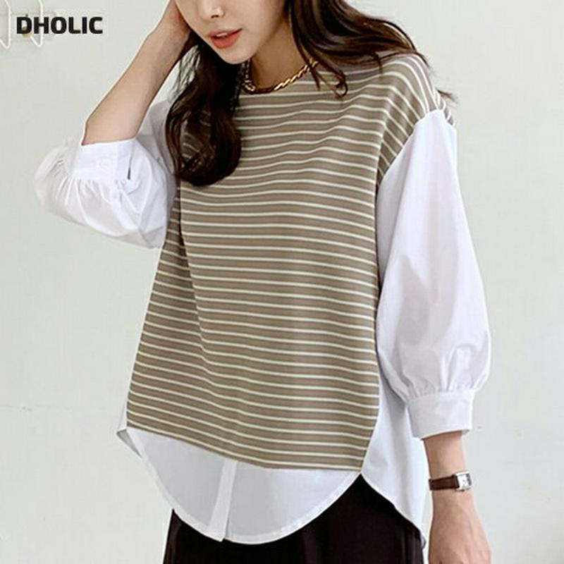 【新作10%OFF】ボーダーレイヤード調Tシャツ・全2色・b64100 レディース【tops】【トップス Tシャツ 七分丈 七分