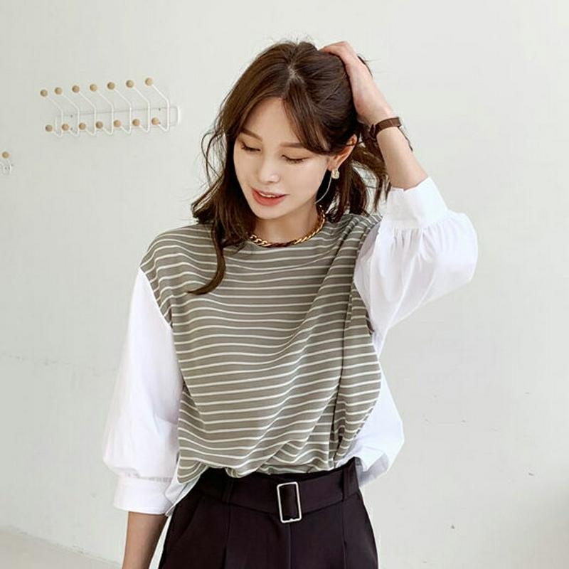 【新作10%OFF】ボーダーレイヤード調Tシャツ・全2色・b64100 レディース【tops】【トップス Tシャツ 七分丈 七分