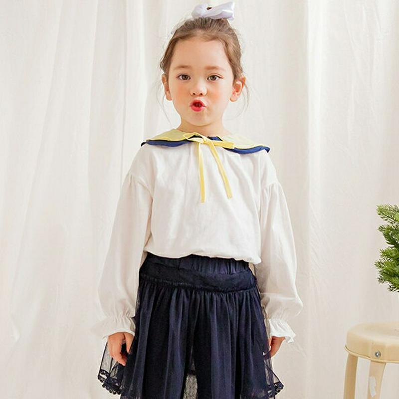 【新作10%OFF】配色ラウンドダブルカラーTシャツ(ホワイト)・p005855 キッズ【3~8才】【tops】【トップス Tシ