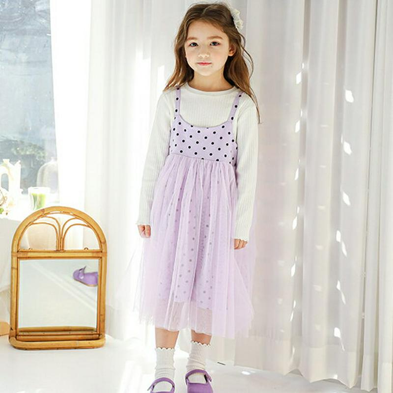 【新作10%OFF】Tシャツ&チュールキャミワンピース(ホワイト/パープル)・p005653 キッズ【3~8才】【set】【トッ