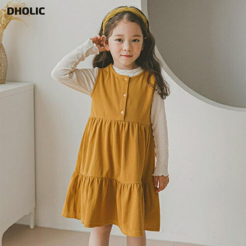 ボタンティアードノースリワンピース(マスタード)・p006037 キッズ【3~8才】【ops】【ワンピース ミディ丈 ミディワンピース スリーブレス ノースリーブ 単色 無地 シンプル ティアード 女の子 春 秋 韓国 韓国子供服 子供 こども 子供服 】【KIDS】