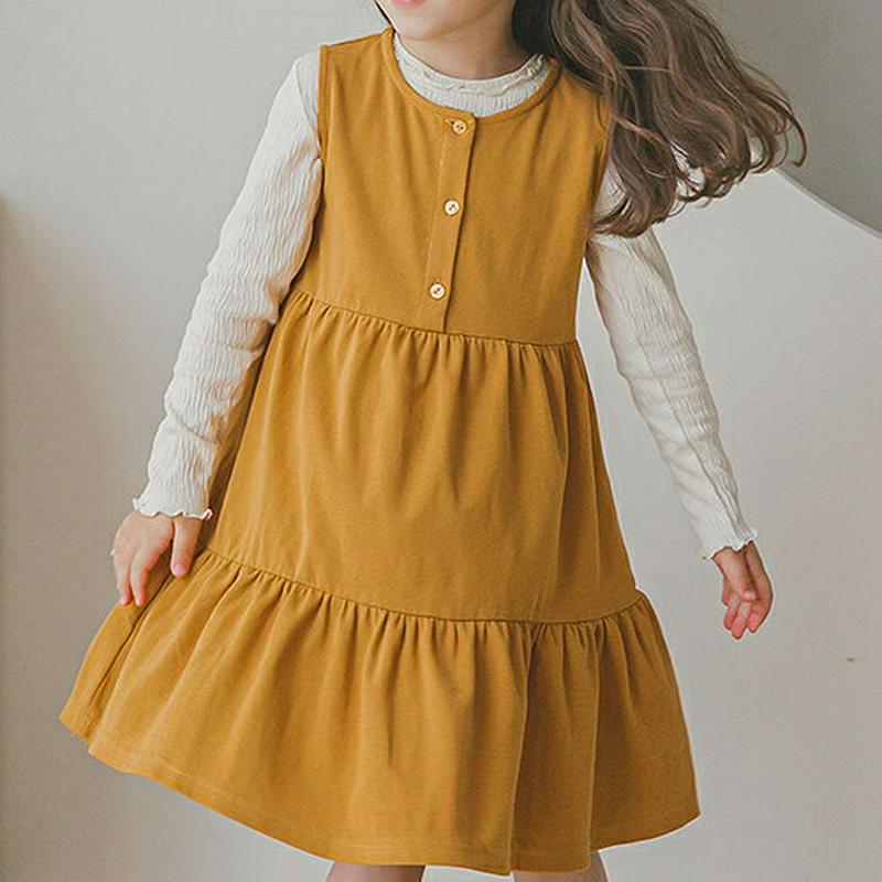 ボタンティアードノースリワンピース(マスタード)・p006037 キッズ【3~8才】【ops】【ワンピース ミディ丈 ミディワンピース スリーブレス ノースリーブ 単色 無地 シンプル ティアード 女の子 春 秋 韓国 韓国子供服 子供 こども 子供服 】【KIDS】