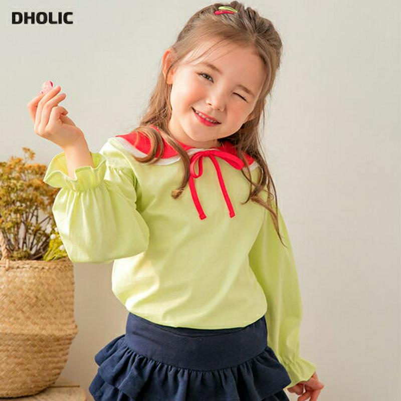 【新作10%OFF】配色ラウンドダブルカラーTシャツ(グリーン)・p005858 キッズ【3~8才】【tops】【トップス Tシ