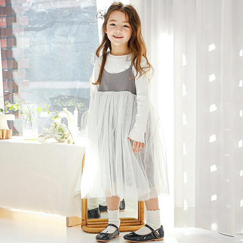 【新作10%OFF】Tシャツ&チュールキャミワンピース(ホワイト/グレー)・p005654 キッズ【3~8才】【set】【トップ