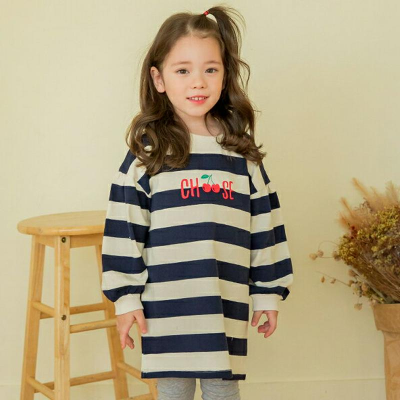 【新作10%OFF】チェリーボーダーワンピース(ネイビー)・p005906 キッズ【3~8才】【ops】【ワンピース ミディ丈 