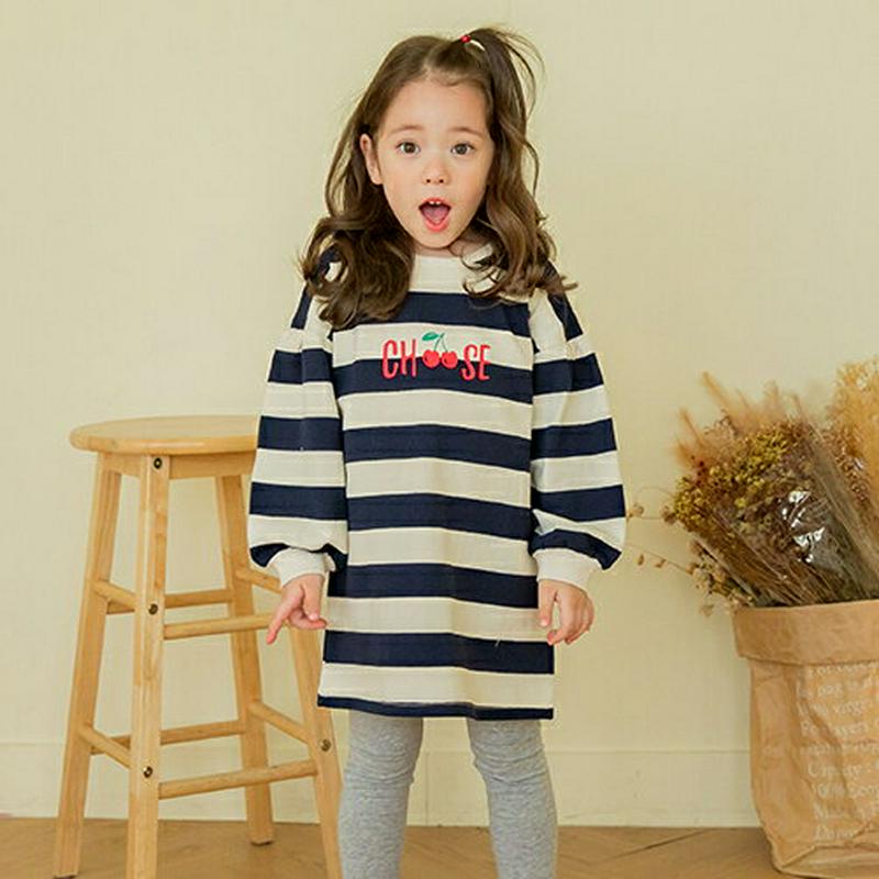 【新作10%OFF】チェリーボーダーワンピース(ネイビー)・p005906 キッズ【3~8才】【ops】【ワンピース ミディ丈 