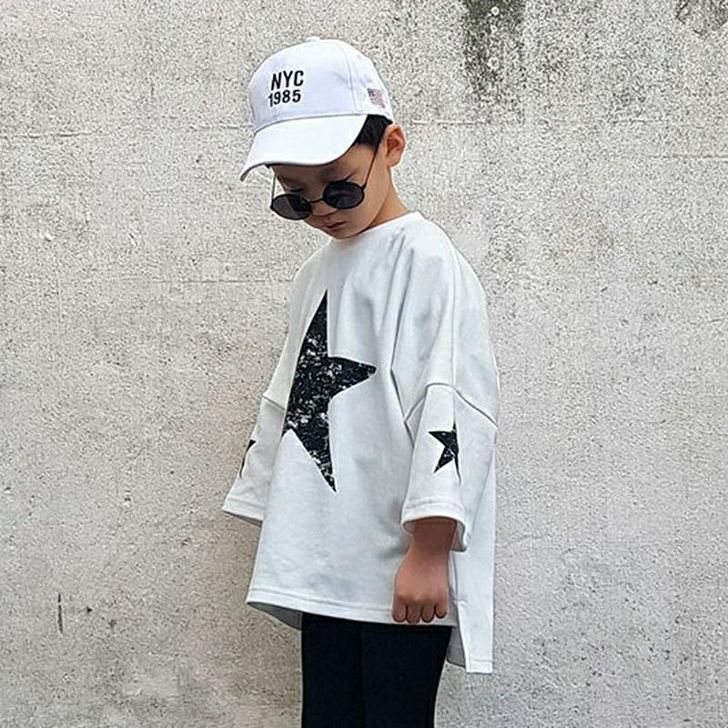 スタープリントアシメTシャツ・u06217 キッズ【3~8才】【tops】【トップス Tシャツ 長袖 ラウンドネック アンバラン