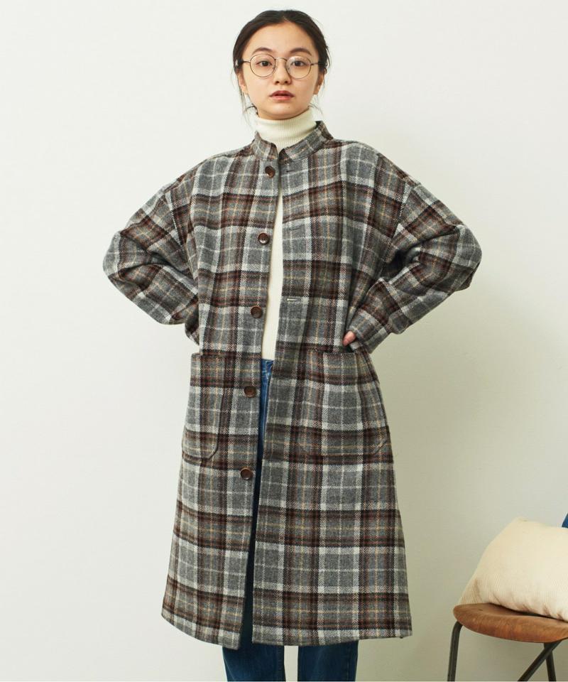 〇mat 英国羊毛風チェック スタンドネックコート（mat quotidien）