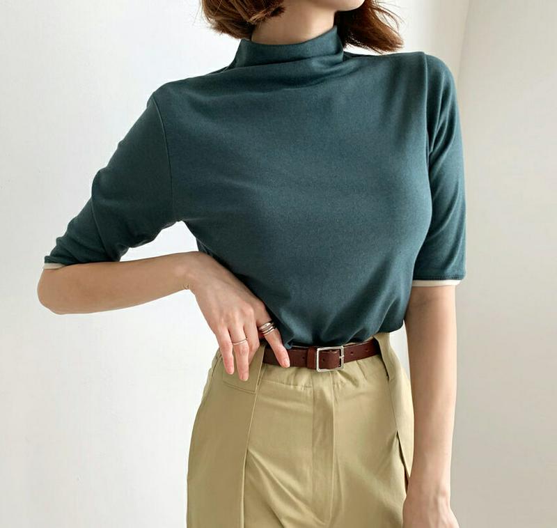 【新作10%OFF】ハーフネック配色Tシャツ・全3色・b60914 レディース【tops】【韓国 ファッション トップス Tシャ